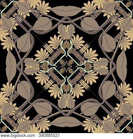 Greek Leafy Floral Seamless Patttern. Vector Ornamental Ethnic Background. Geometric Backdrop. Greek