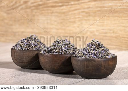 Lavandula - Dried Lavender Flowers In Three Wooden Bowls
