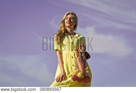 Zero Waste Concept. Girl In Dress With String Bag Shopper. Bag With Groceries. Reusable Eco Bag For 