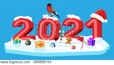 Merry Christmas And New Year Holiday Greeting Xmas Card With 2021 Bold Letters. Santa Claus Hat, Gif
