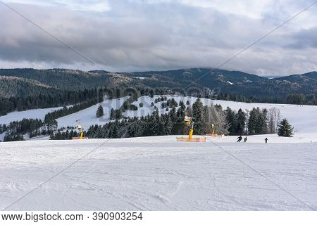 Panoramic Winter View Of Beskid Sadecki Mountains From Ski Slope In Krynica Zdroj, Poland