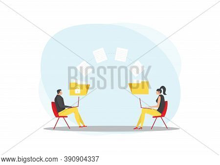 Man And Woman Transmits Folders With Files. Transferred Documents.
Flat Design.
