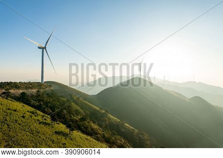 Wind Turbines. Power Plant With Wind Turbine, Clean Energy Generator Wind Turbine In Wind Farm.