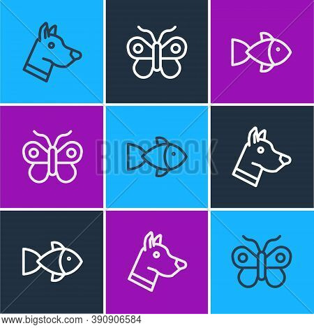 Set Line Dog Head, Fish And Butterfly Icon. Vector