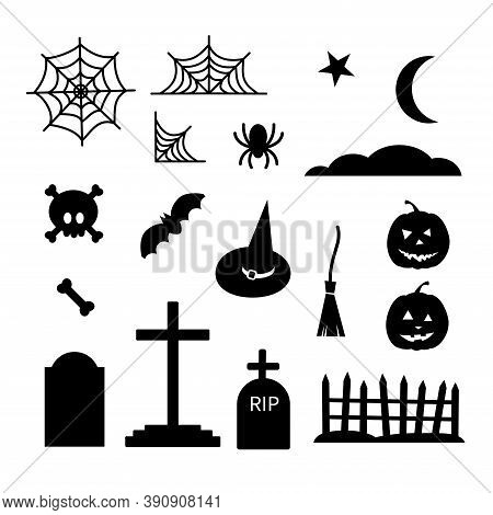 Happy Halloween Black Elements Set - Brooms, Spider Web, Skull Bones Graves Fence, Pumpkin, Moon, Cl