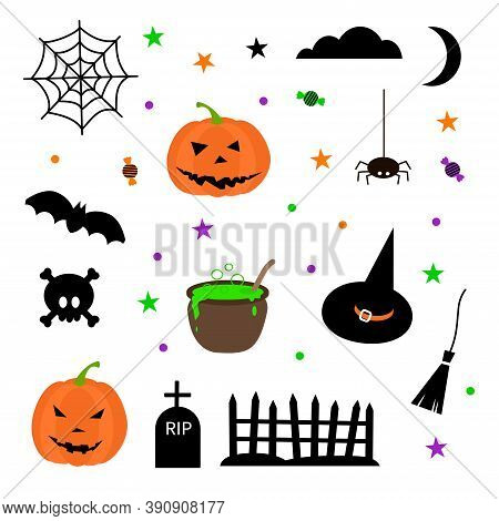 Happy Halloween Elements Set - Brooms Spider Web Skull Bones, Graves, Fence, Pumpkin, Moon, Cloud, B