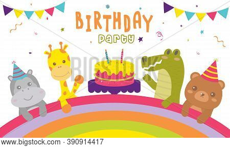 Vector Illustration Of Happy Birthday Animal With Cake Decoration For Greetings Card. Set Birthday P