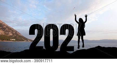 Greeting Card Decorated For New Year 2021 And Christmas. Landscape Scenery With 2021 On Sea Backgrou