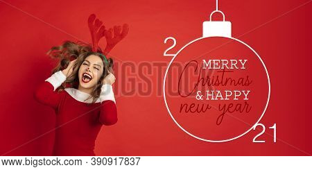 Emotional Santa Claus Deer Greeting With New Year 2021 And Christmas. Beautiful Woman In Red Costume