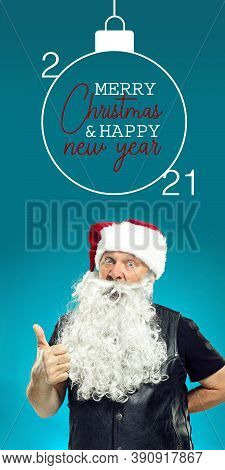 Emotional Santa Claus Greeting With New Year 2021 And Christmas. Caucasian Man In Traditional Costum