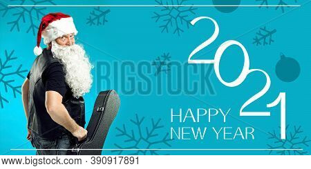 Emotional Santa Claus Greeting With New Year 2021 And Christmas. Caucasian Man In Traditional Costum