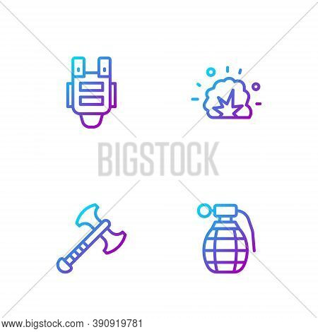 Set Line Hand Grenade, War Axe, Bulletproof Vest And Bomb Explosion. Gradient Color Icons. Vector