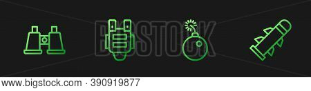 Set Line Bomb Ready To Explode, Binoculars, Bulletproof Vest And Rocket. Gradient Color Icons. Vecto