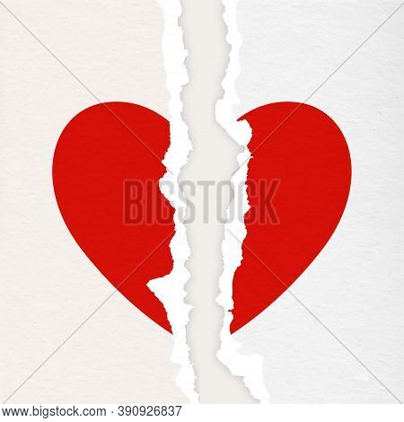 Vector Realistic Paper Textured Torn Heart Closeup Isolated On White Background. Broken Heart, Divor