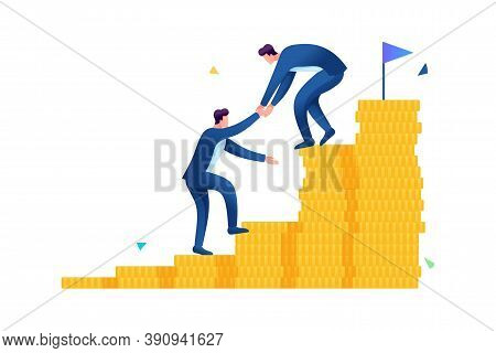 An Entrepreneur Helps A Friend Climb The Ladder To Wealth. Flat 2d. Vector Illustration Web Design.