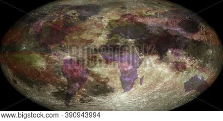World Map Projection Of The Onto The Surface Of The Moon, Concept Of Dividing The Moon Between Count