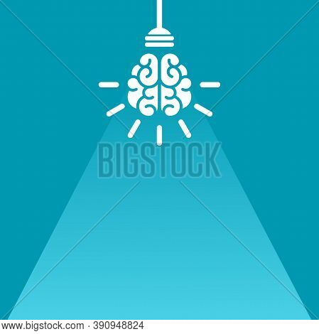 Bulb With Brain And Rays On Nlue Background. New Idea, Intellect Sign.