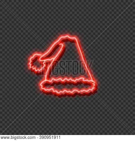 Vector Neon Red Chritstmas Santas Hat Isolated On Dark Transparent Background, Colorful Illustration