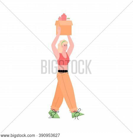 Young Girl Volunteer Carry Cardboard Donation Box Full Of Food In Social Shelter Or Charitable Cente