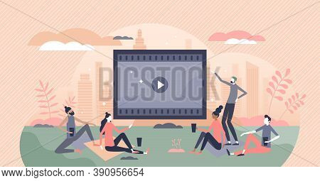 Movies Watching Outdoors In Park Or Garden With Friends Tiny Person Concept. Video Screen For Projec