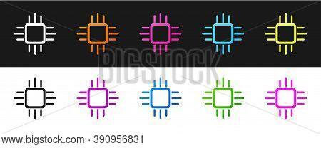 Set Computer Processor With Microcircuits Cpu Icon Isolated On Black And White Background. Chip Or C