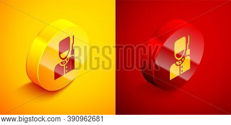Isometric British Guardsman With Bearskin Hat Marching Icon Isolated On Orange And Red Background. C