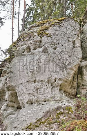 Details Of Old Rock Clifts Near Tourist Track. Photo Taken On A Cloudy Sprin Day In Latvia.