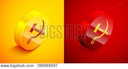 Isometric Hammer And Sickle Ussr Icon Isolated On Orange And Red Background. Symbol Soviet Union. Ci