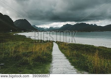 Ramberg Beach On The North Sea In The Lofoten Islands During Gloomy Autumn Weather.