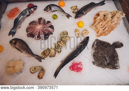Variety Of Fish And Seafood On Ice Bed.