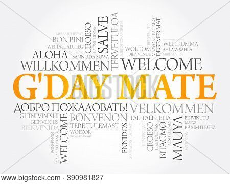 G'day Mate (welcome In Australian) Word Cloud In Different Languages, Conceptual Background