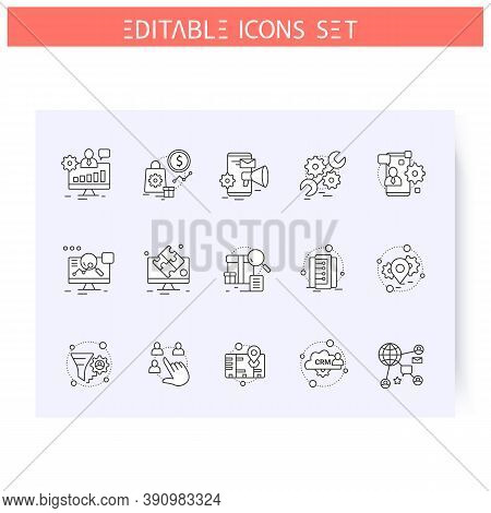 Types Of Crm Systems Line Icons Set. Different Crm Services And Duties. Automating Workflow And Busi