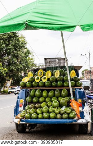 Street Sell Of Avocado At An Old Car At El Cerrito On The Valle Del Cauca Region In Colombia