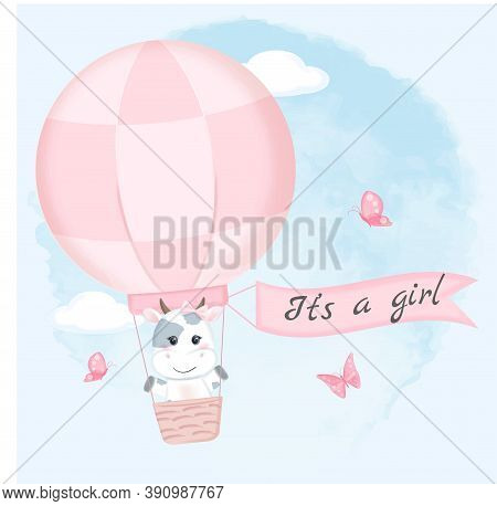 Cute Cow On Hot Air Balloon Hand Drawn Cartoon Animal Watercolor Illustration