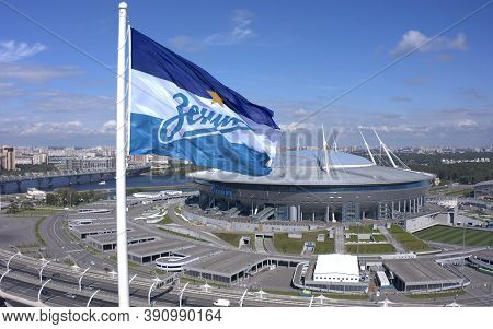 Saint Petersburg, Russia - August 7, 2020: Aerial View Of The Flag Of Zenit - The Main Football Team