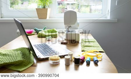 Distance Education Concept. Covid Lockdown. Working Place For Learning To Sew Remotely Via Online Co