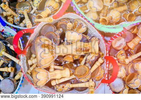Djembe And Bongo Drums For Sale In Tunisia, Arabic Ornament. Percussion Musical Instruments In The M