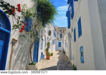 A Street In The Arab City Of Sidi Bou Said. House With Blue Windows And Doors With Arabic Ornaments,