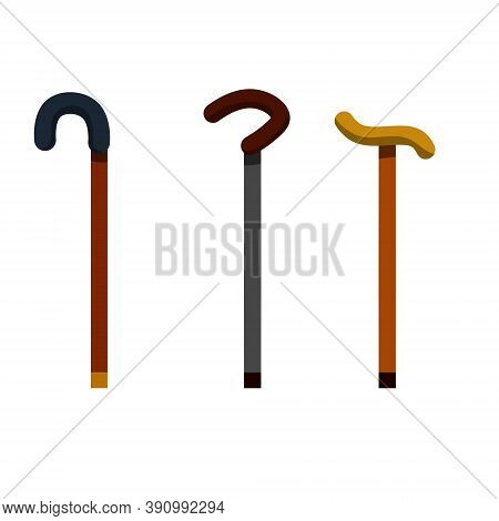 Walking Cane Of Senior. Cartoon Flat Illustration. Wooden And Metal Stick