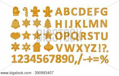 Gingerbread  Christmas Cookies Set With Stars Snowflakes Christmas Tree And Ginger Man,  Alphabet An