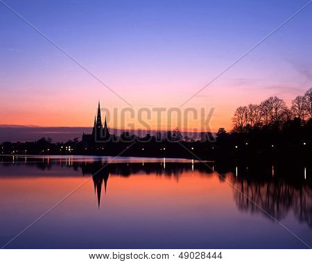 Cathedral silhouette at sunset, Lichfield, England.