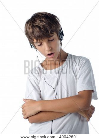 Child Listening To Music Singing With Headphones Isolated