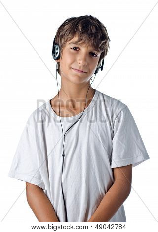 Child Listening To Music With Headphones Isolated