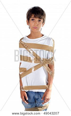 Sad Child Wrapped In Self Adhesive Duct Tape