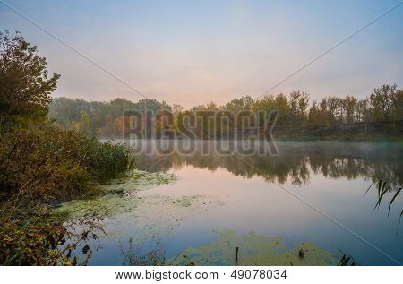 Autumn misty day on a River. Beautiful place.