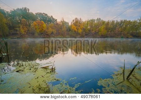 Autumn misty day on a River. Beautiful place.