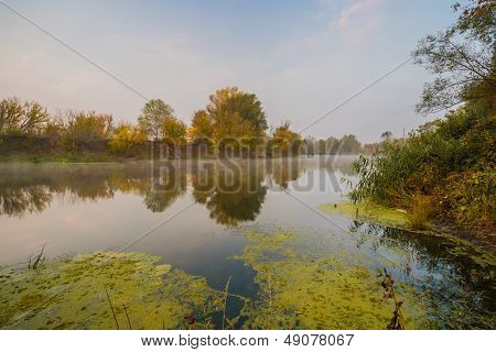 Autumn misty day on a River. Beautiful place.