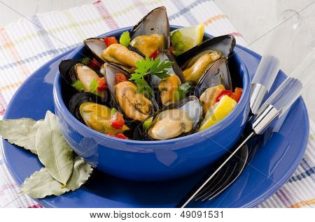 Spanish Cuisine. Mussels In Sauce. Mejillones A La Marinera.