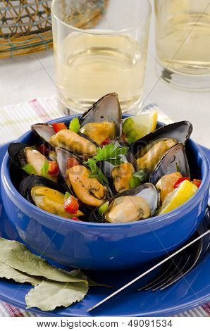 Spanish Cuisine. Mussels In Sauce. Mejillones A La Marinera.