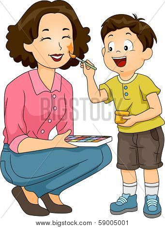 Illustration of a Boy Painting the Face of His Mother